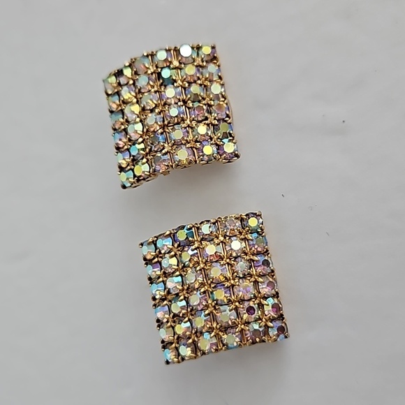 AB Square Rhinestone Clip-on Earrings - Picture 1 of 5